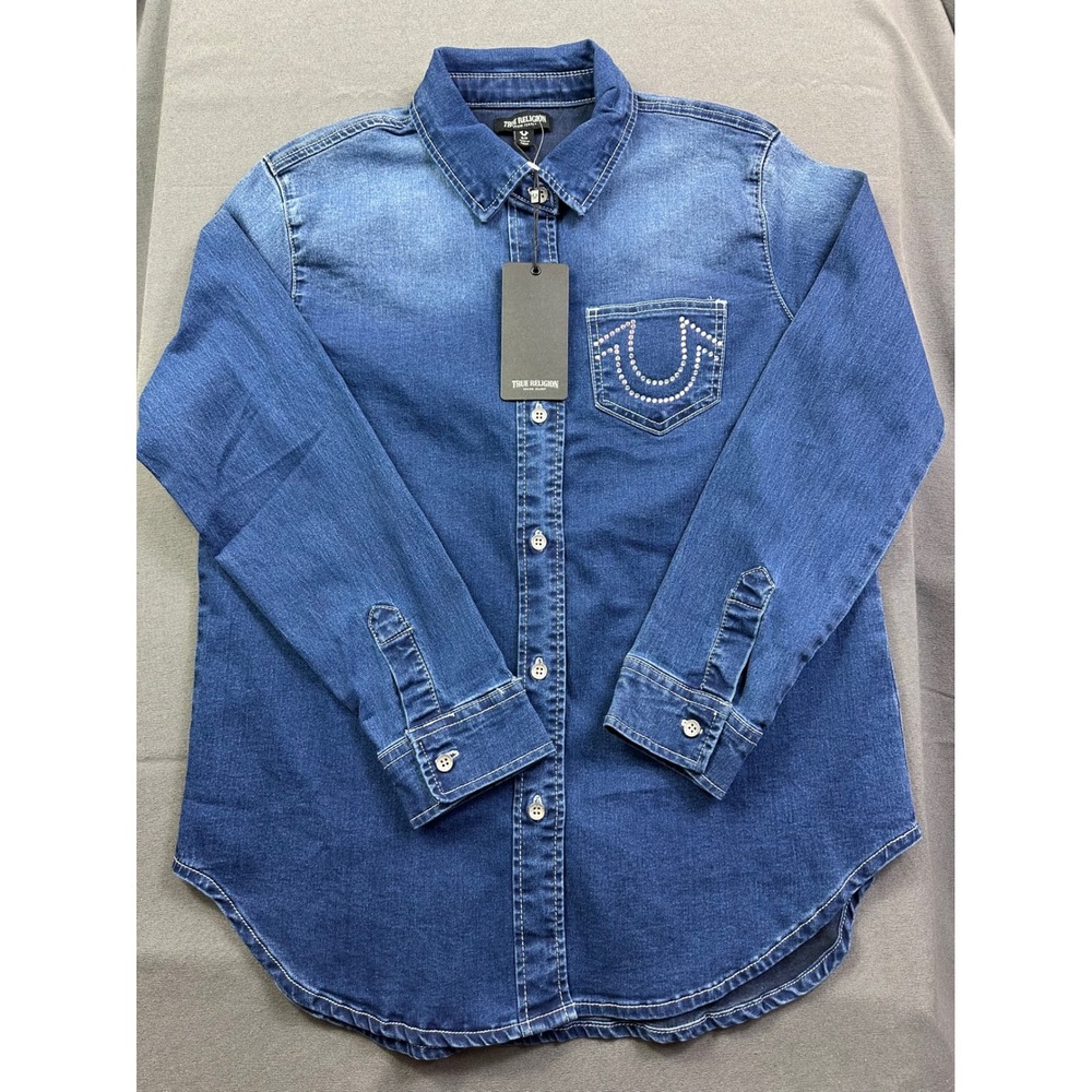 True Religion Crystal HS Slim Denim Shirt Medium Spiced Orchard Wash 600527 sz S